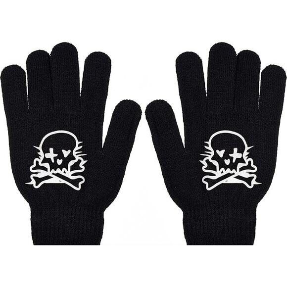 Boys 2 pairs of Gloves: 1-Halloween AND 1-Black (Skull/X-bones White) - Picture 2 of 3